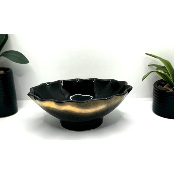 Black Blue Ruffled Edge Glazed Pottery Bowl - Picture 1 of 9